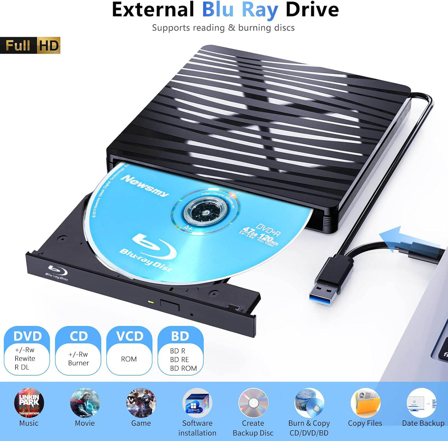 Blu Ray Disc Player - USB3.0 External Blu-ray Optical Drive for